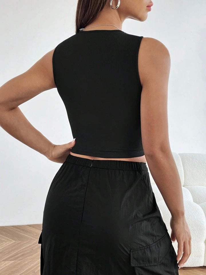 Solid Asymmetrical Neck ribbed Fitted Tank Top