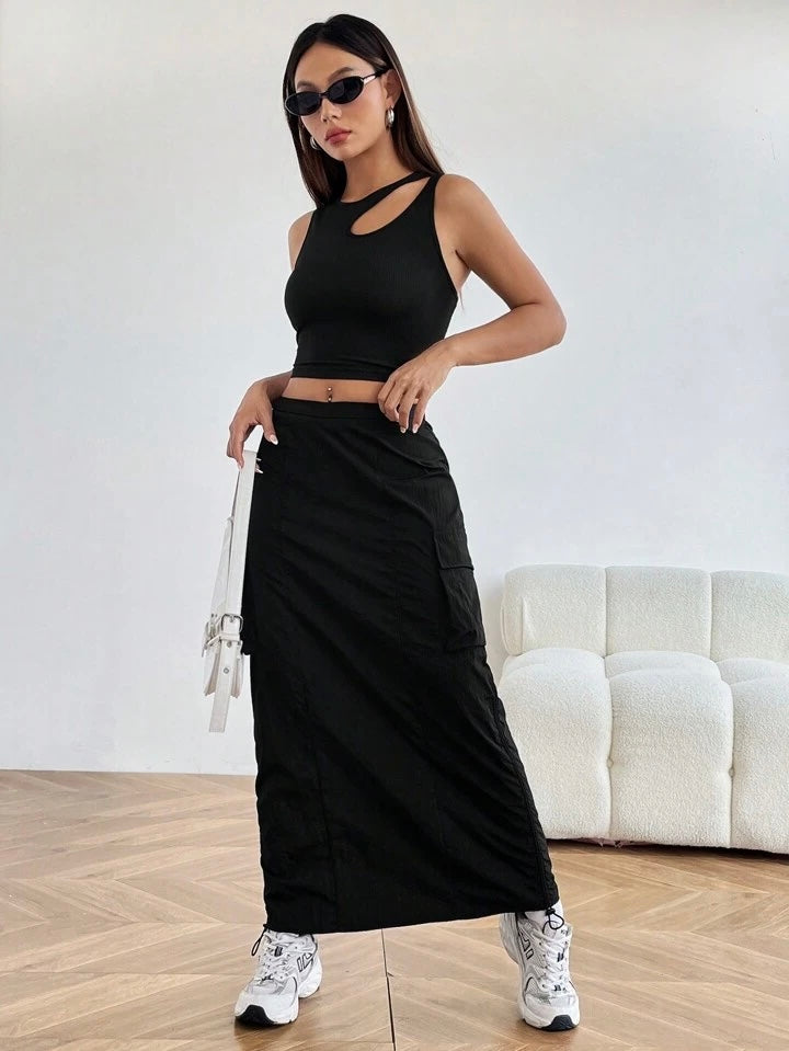 Solid Asymmetrical Neck ribbed Fitted Tank Top