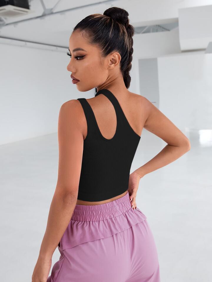 Solid One Shoulder Asymmetrical Cut Out Rib Fitted Tank Top