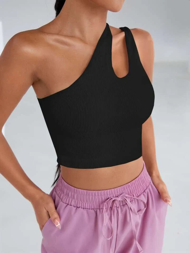 Solid One Shoulder Asymmetrical Cut Out Rib Fitted Tank Top