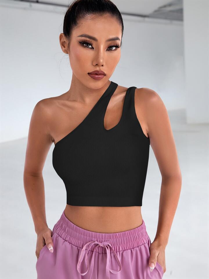 Solid One Shoulder Asymmetrical Cut Out Rib Fitted Tank Top