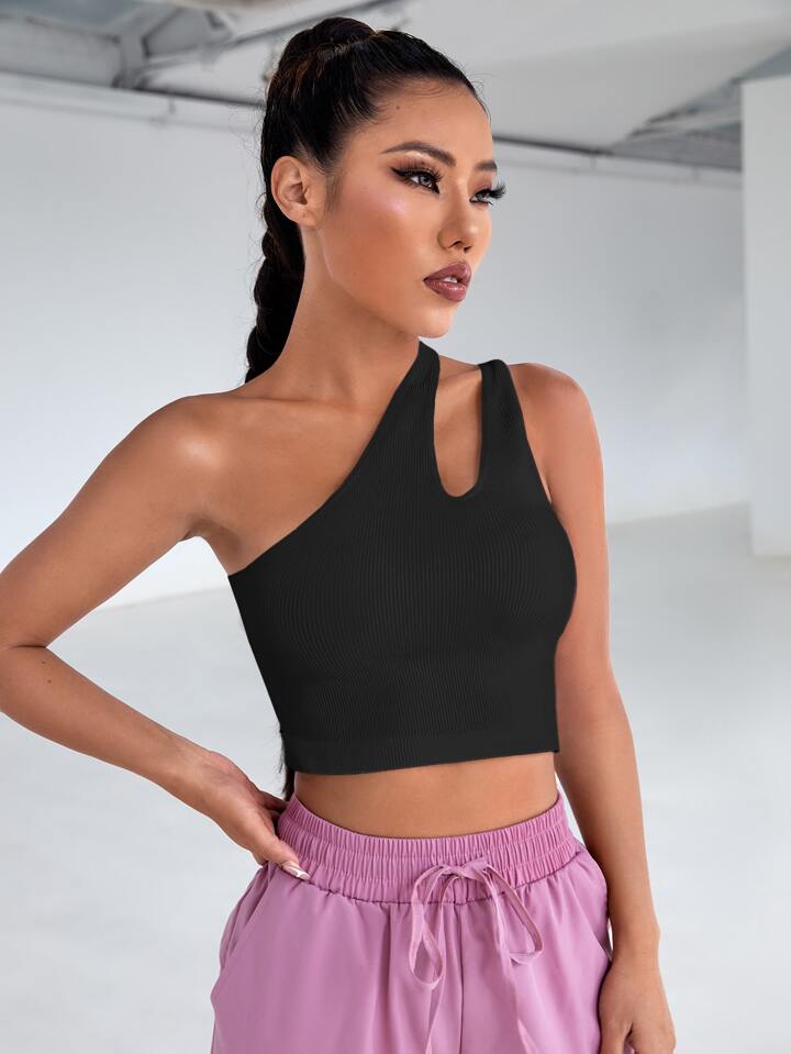 Solid One Shoulder Asymmetrical Cut Out Rib Fitted Tank Top
