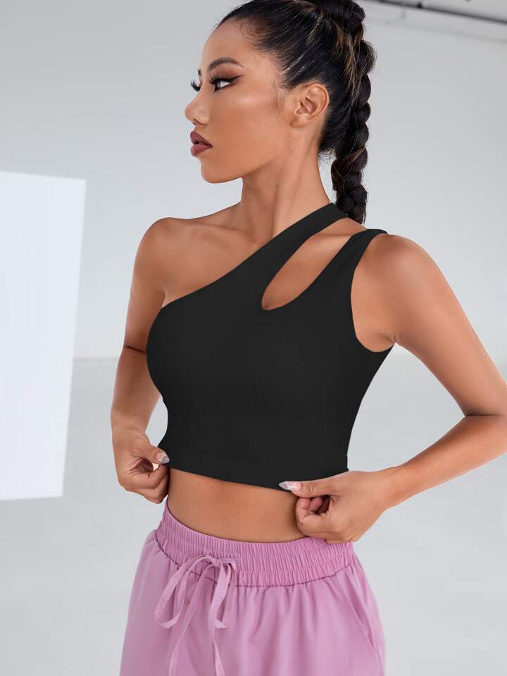 Solid One Shoulder Asymmetrical Cut Out Rib Fitted Tank Top