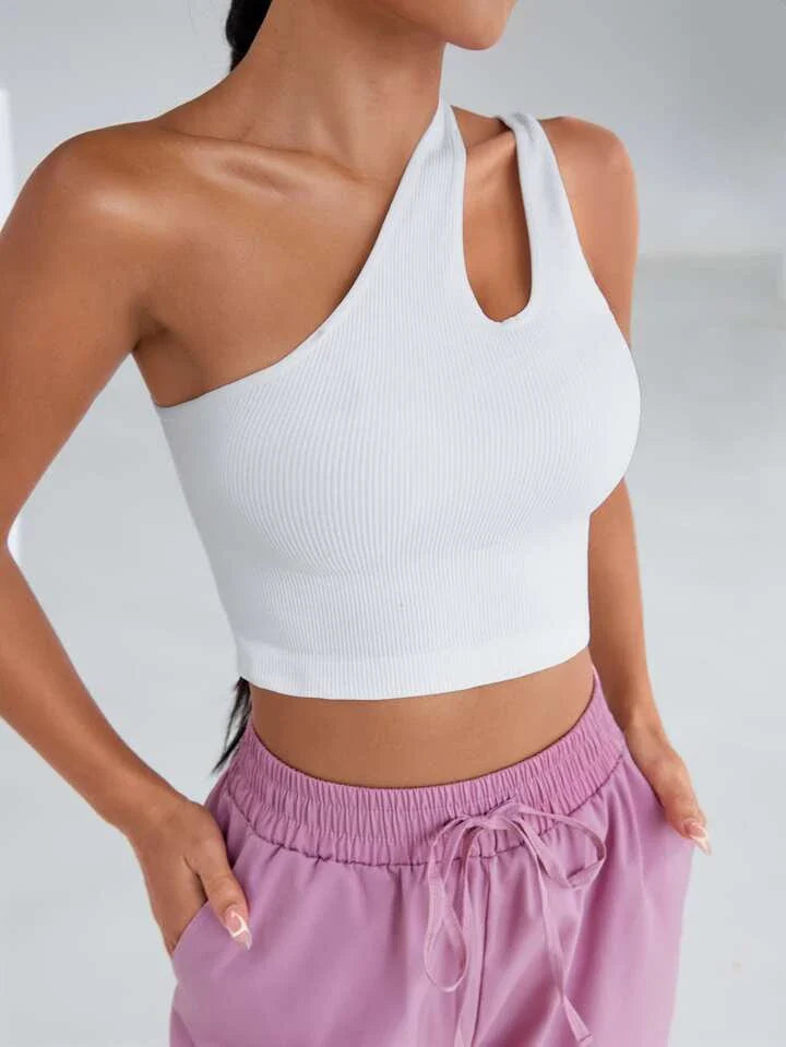 Solid One Shoulder Asymmetrical Cut Out Rib Fitted Tank Top