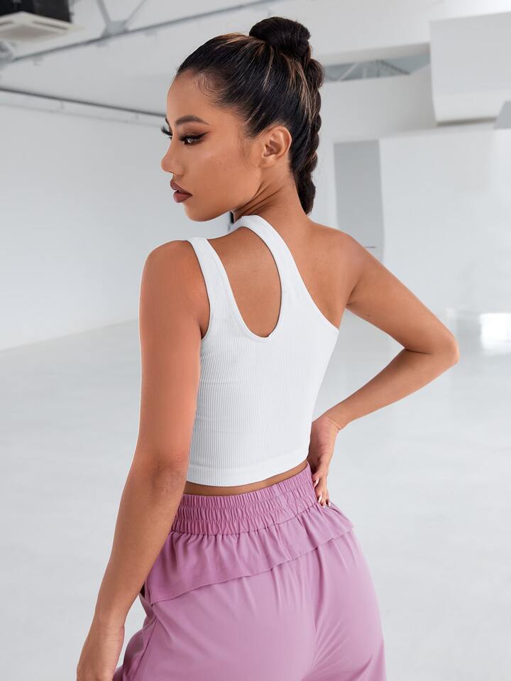 Solid One Shoulder Asymmetrical Cut Out Rib Fitted Tank Top