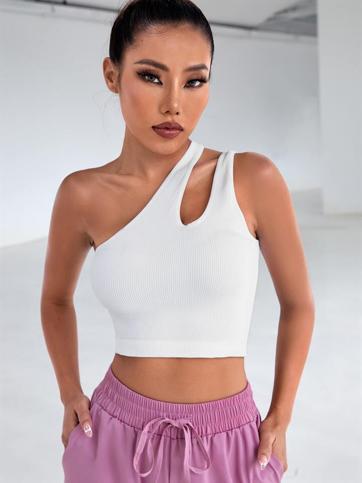 Solid One Shoulder Asymmetrical Cut Out Rib Fitted Tank Top