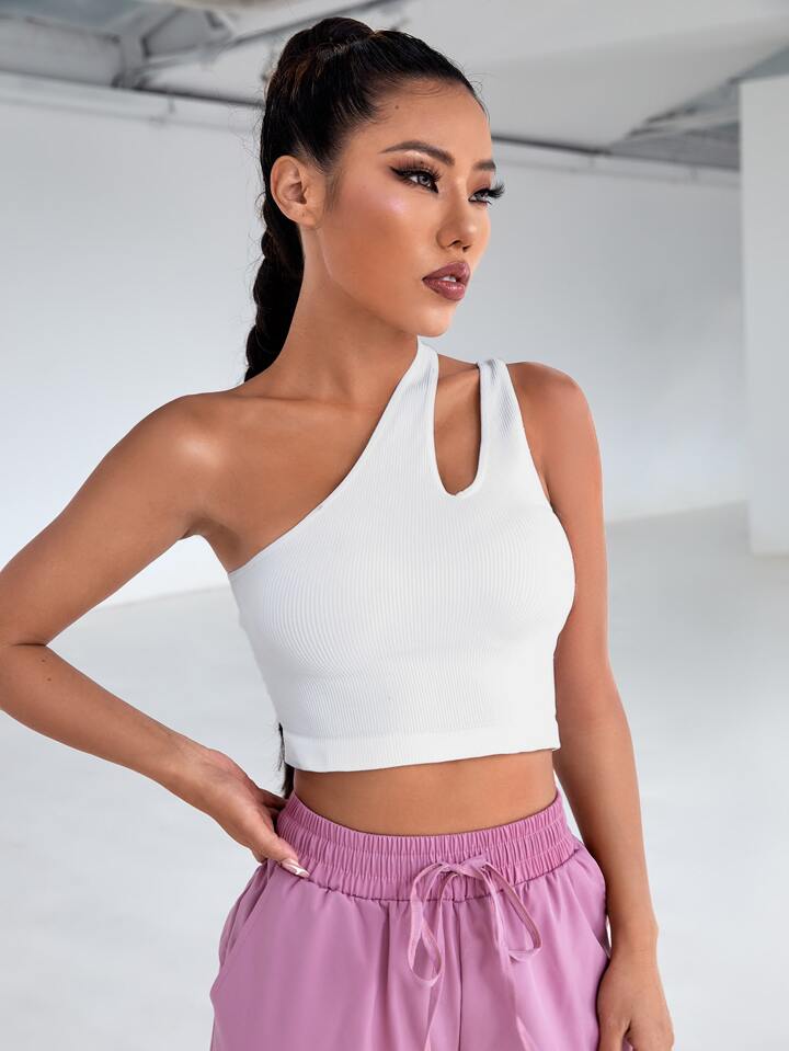 Solid One Shoulder Asymmetrical Cut Out Rib Fitted Tank Top