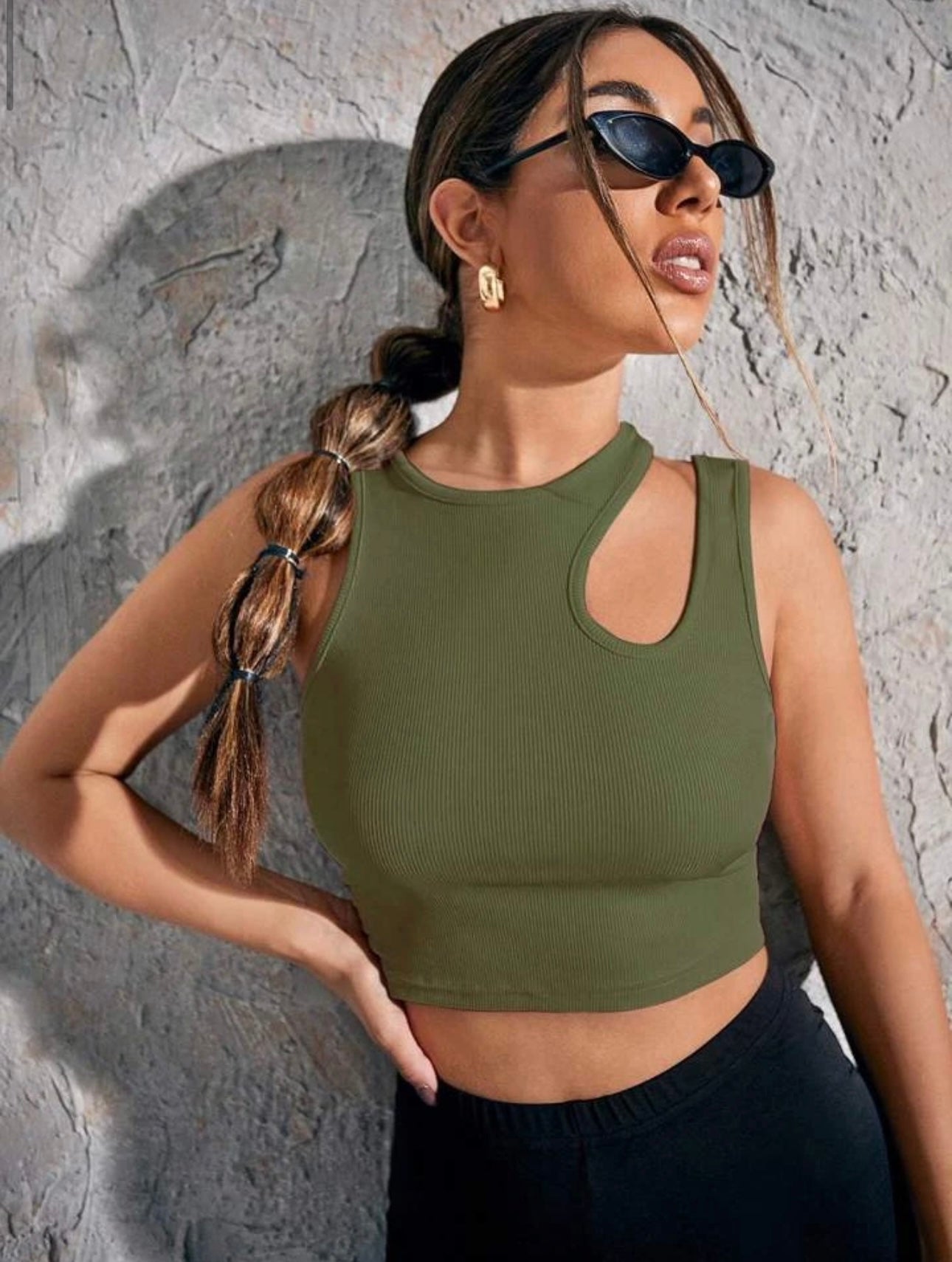 Solid Asymmetrical Neck ribbed Fitted Tank Top