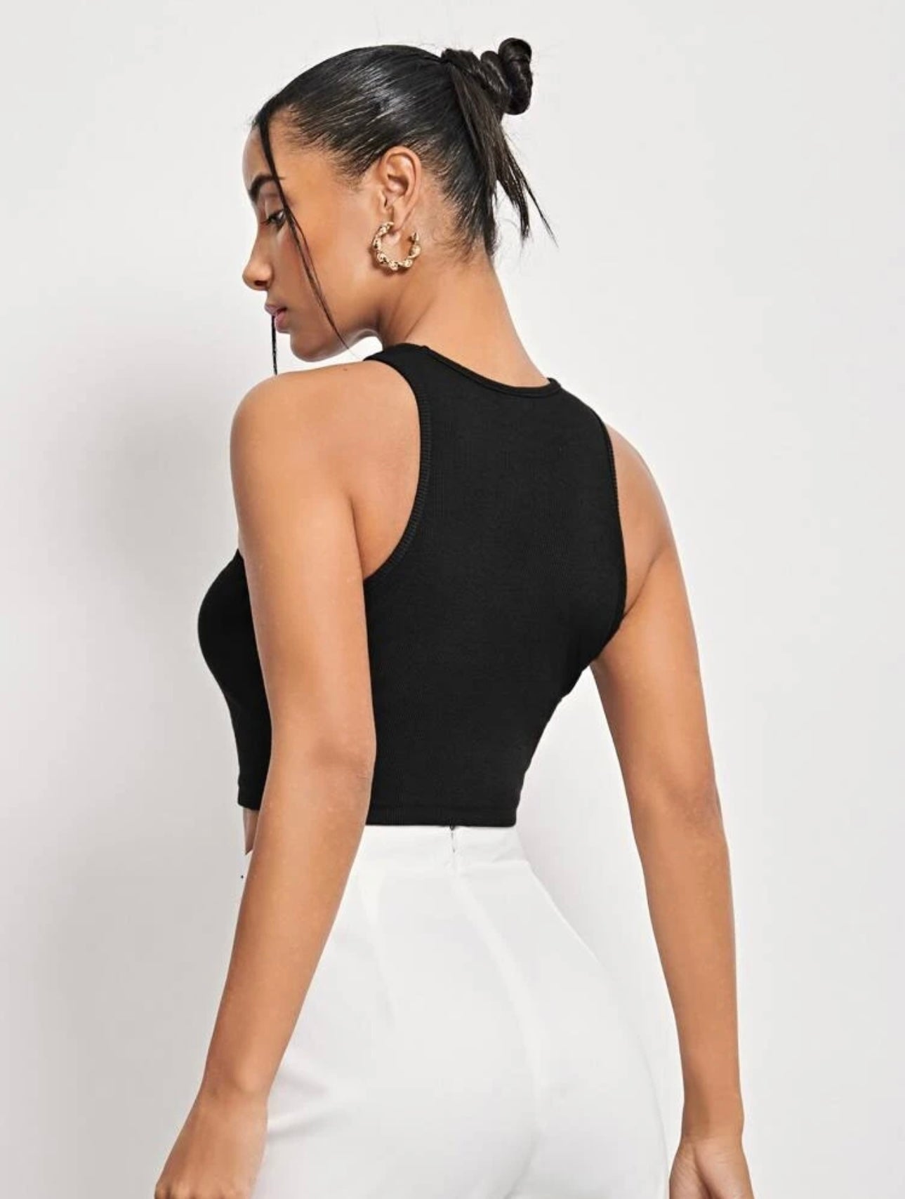 Solid Black Asymmetrical Rib Fitted Tank Top