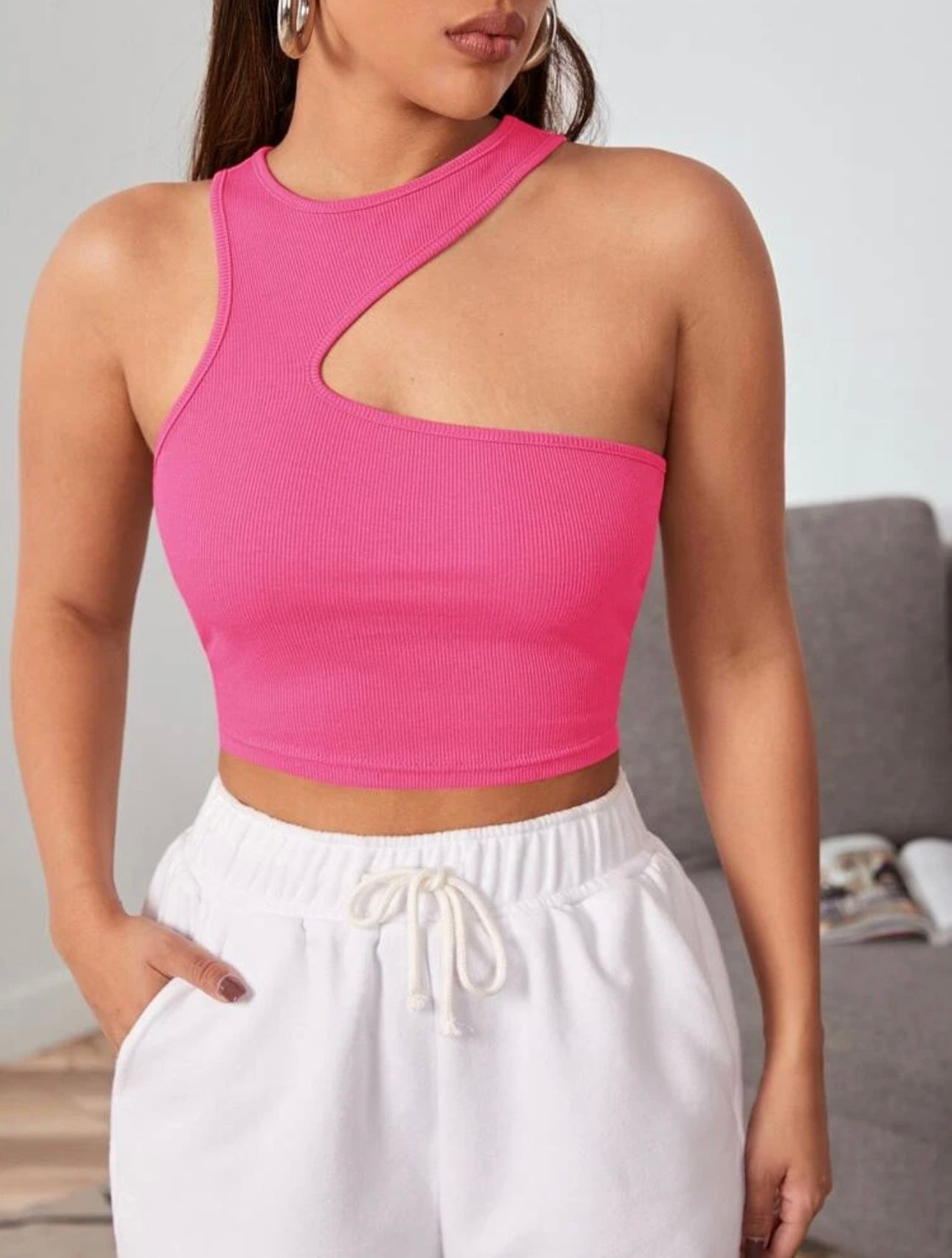 Solid Black Asymmetrical Rib Fitted Tank Top