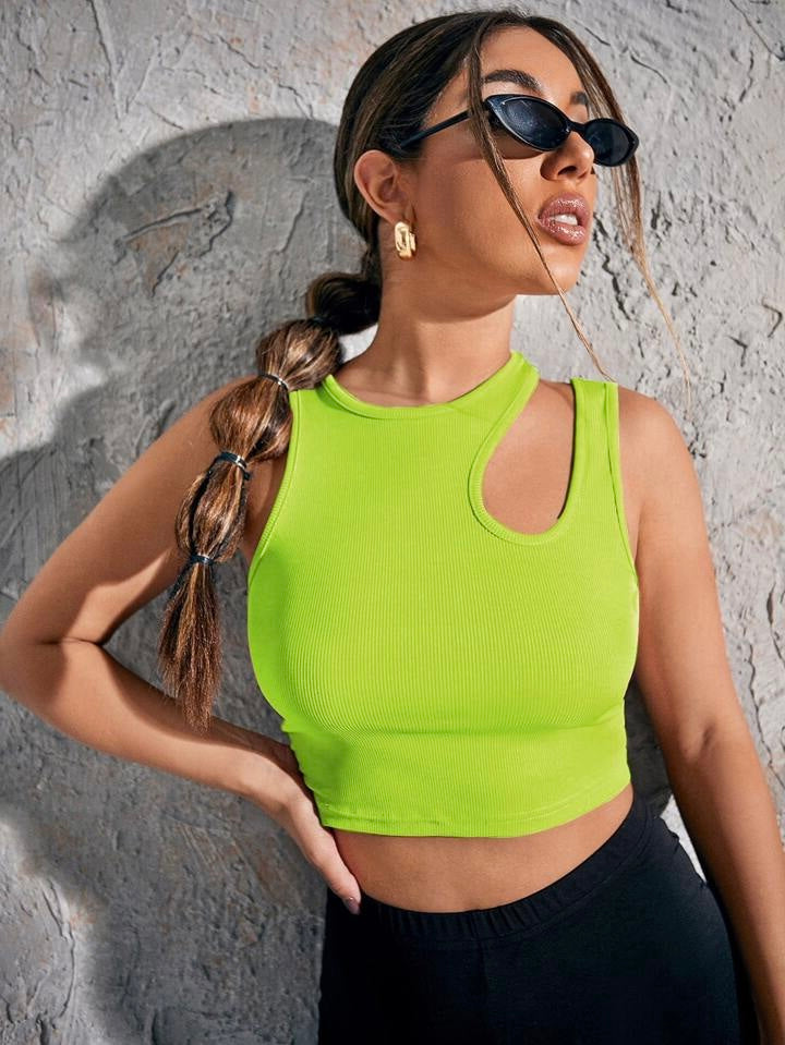 Solid Asymmetrical Neck ribbed Fitted Tank Top