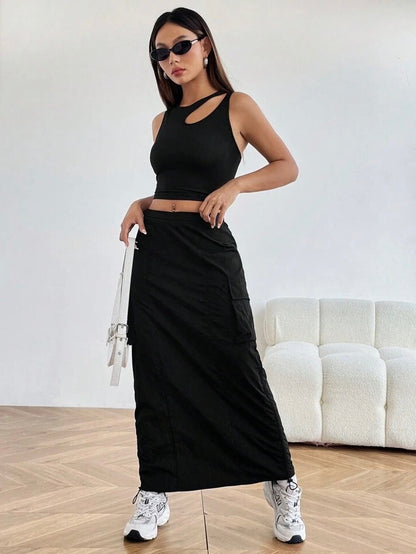 Solid  Asymmetrical Neck ribbed Fitted Tank Top