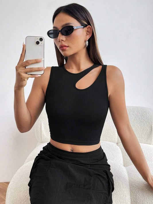 Solid  Asymmetrical Neck ribbed Fitted Tank Top