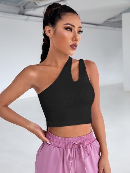 Solid One Shoulder Asymmetrical Cut Out Rib Fitted Tank Top