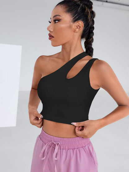 Solid One Shoulder Asymmetrical Cut Out Rib Fitted Tank Top