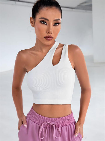 Solid One Shoulder Asymmetrical Cut Out Rib Fitted Tank Top