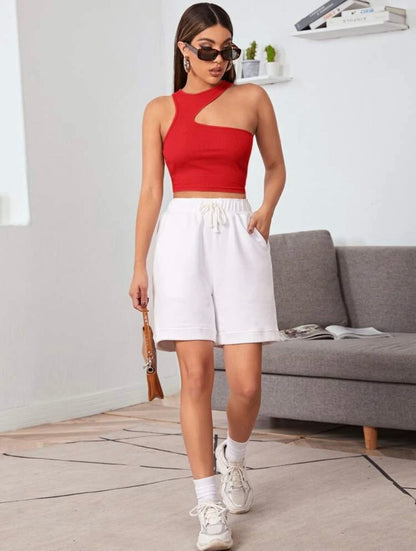 Solid Black Asymmetrical Rib Fitted Tank Top