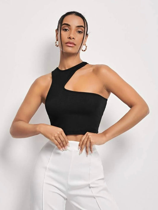 Solid Black Asymmetrical Rib Fitted Tank Top