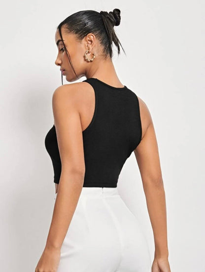 Solid Black Asymmetrical Rib Fitted Tank Top