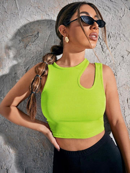 Solid  Asymmetrical Neck ribbed Fitted Tank Top