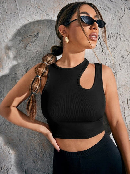 Solid  Asymmetrical Neck ribbed Fitted Tank Top